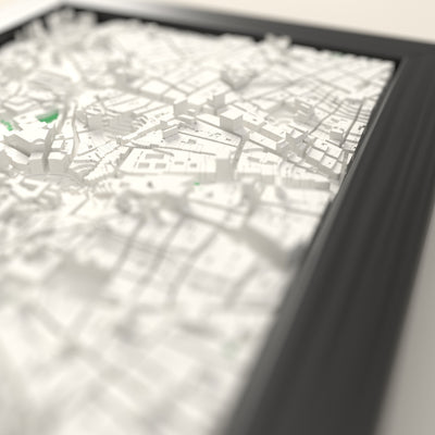 3D Madrid Map Framed - Close-up across the 3D Madrid map showing the raised streets and buildings