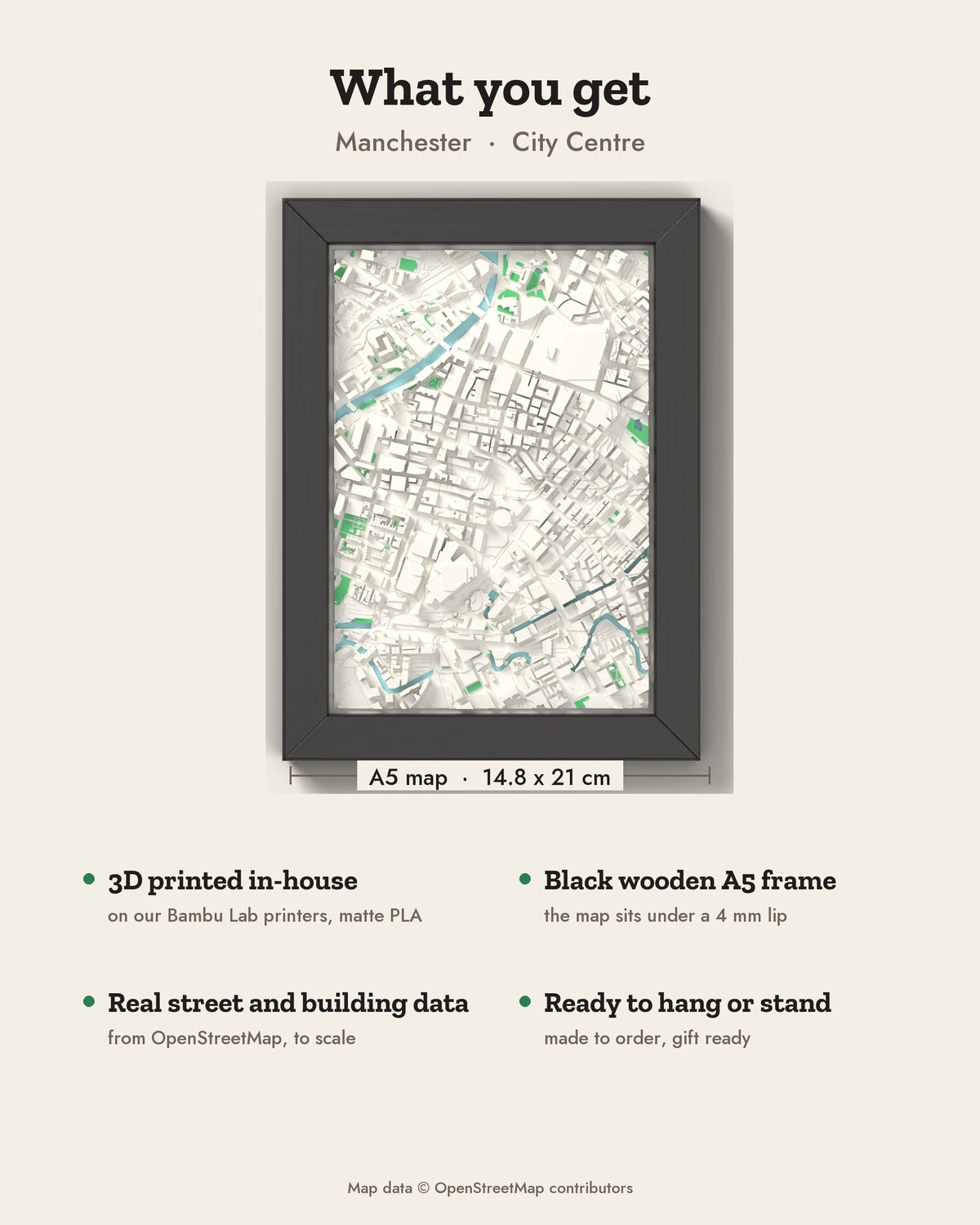 3D Manchester Map Framed - What you get: A5 3D city map, 14.8 x 21 cm, in a black wooden frame