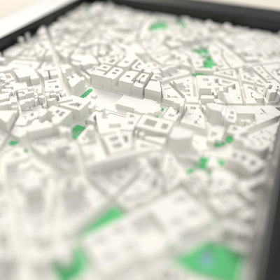 3D Milan Map Framed - Close-up across the 3D Milan map showing the raised streets and buildings