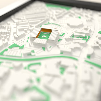 3D Molineux Map Framed - Close-up across the 3D map: the real Molineux stands with amber seats around the green pitch