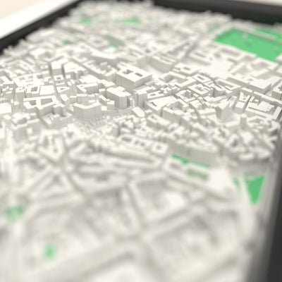 3D Munich Map Framed - Close-up across the 3D Munich map showing the raised streets and buildings
