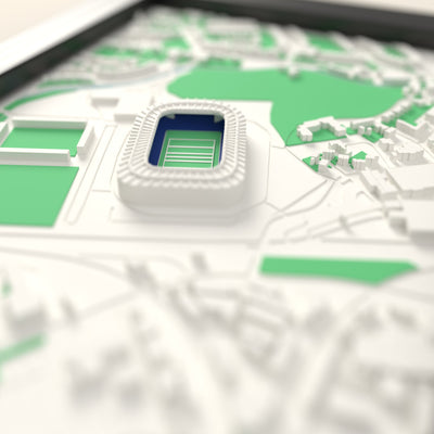 3D Murrayfield Stadium Map Framed - Close-up across the 3D map: the real Murrayfield Stadium stands with royal blue seats around the green pitch