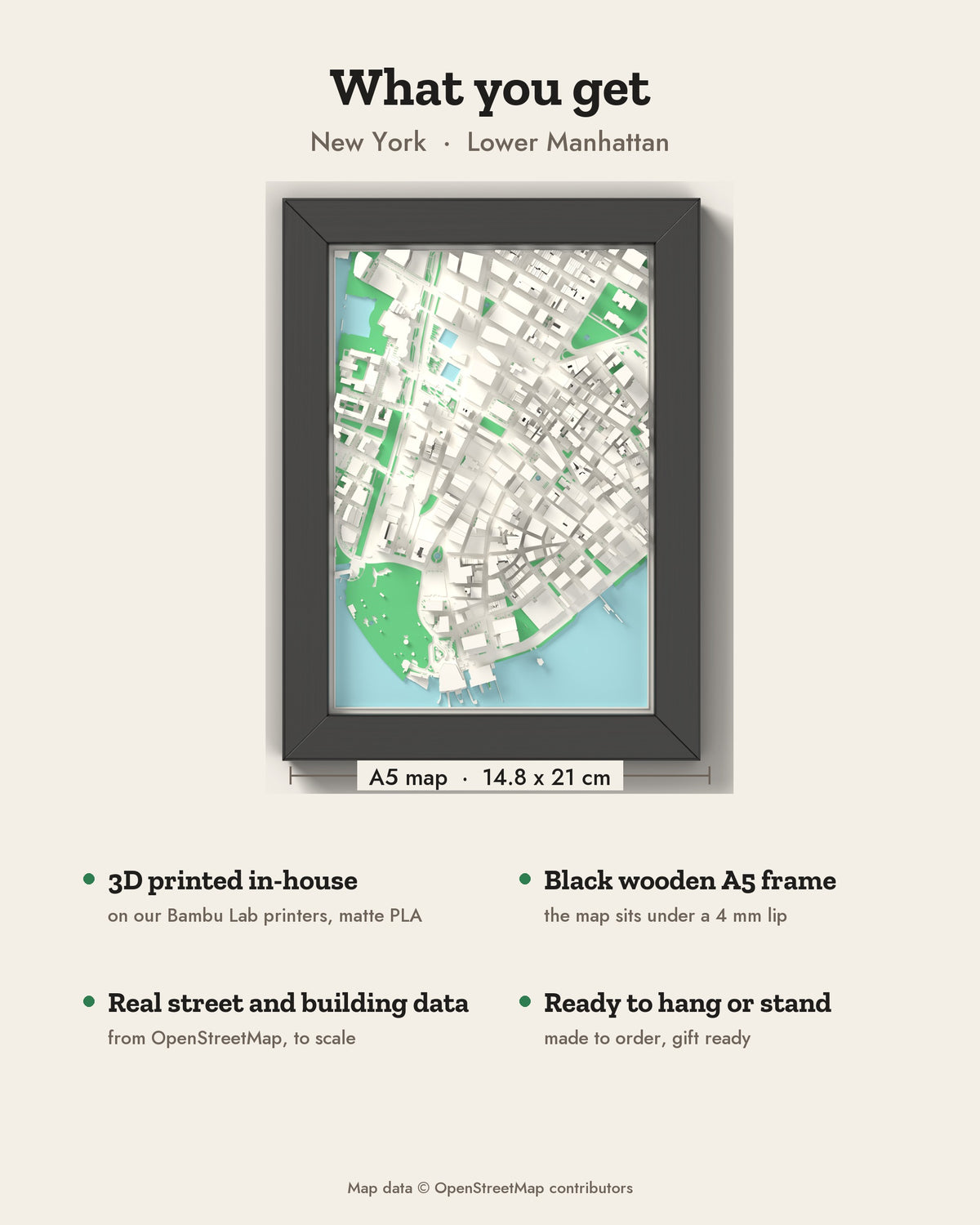 3D New York Map Framed - What you get: A5 3D city map, 14.8 x 21 cm, in a black wooden frame