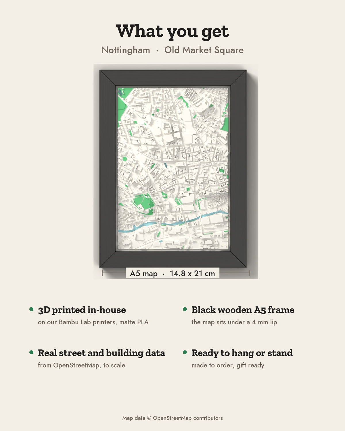 3D Nottingham Map Framed - What you get: A5 3D city map, 14.8 x 21 cm, in a black wooden frame
