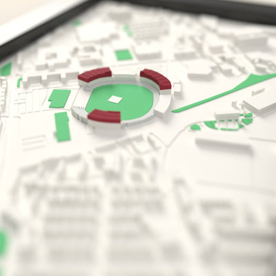 3D Old Trafford Cricket Ground Map Framed - Close-up across the 3D map: the Old Trafford Cricket Ground stands around the green outfield standing up from the streets