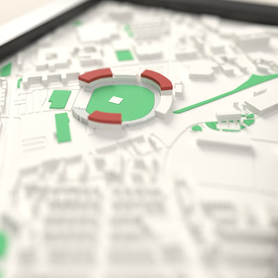 3D Old Trafford Cricket Ground Map Framed - Close-up across the 3D map: the Old Trafford Cricket Ground stands around the green outfield standing up from the streets