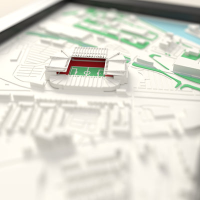 3D Old Trafford Map Framed - Close-up across the 3D map: the real Old Trafford stands with red seats around the green pitch