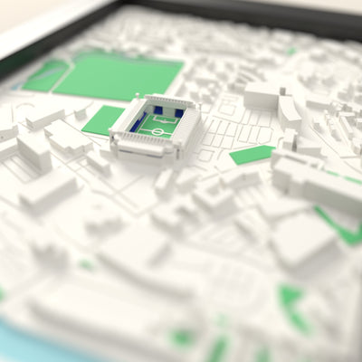 3D Portman Road Map Framed - Close-up across the 3D map: the real Portman Road stands with royal blue seats around the green pitch