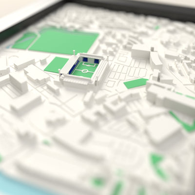 3D Portman Road Map Framed - Close-up across the 3D map: the real Portman Road stands with royal blue seats around the green pitch