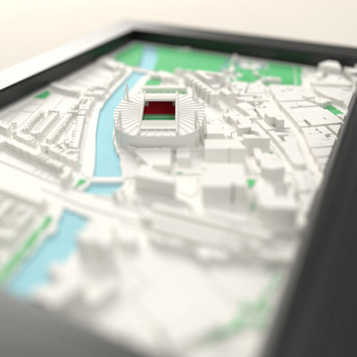 3D Principality Stadium Map Framed - Close-up across the 3D map: the real Principality Stadium stands with red seats around the green pitch