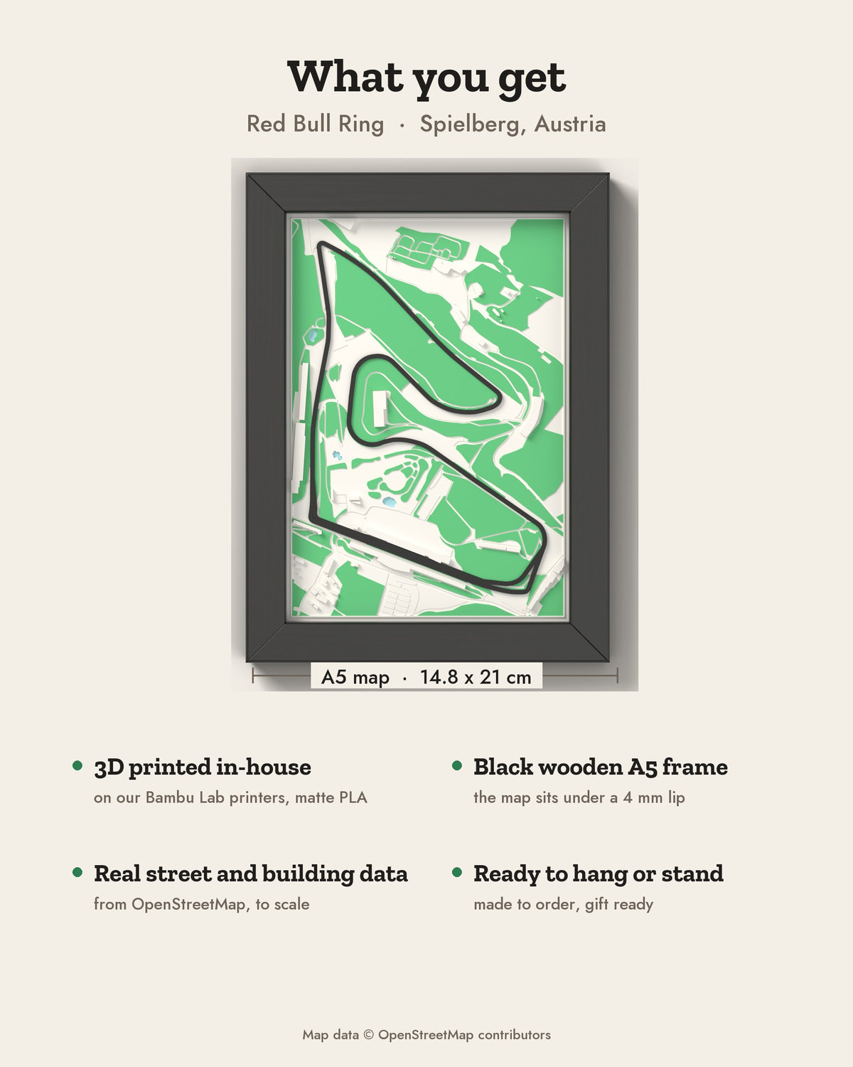 3D Red Bull Ring Map Framed - What you get: A5 3D circuit map, 14.8 x 21 cm, in a black wooden frame