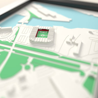 3D Riverside Stadium Map Framed - Close-up across the 3D map: the real Riverside Stadium stands with red seats around the green pitch