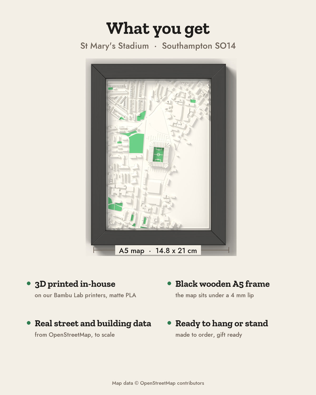 3D St Mary's Stadium Map Framed - What you get: A5 3D stadium map, 14.8 x 21 cm, in a black wooden frame