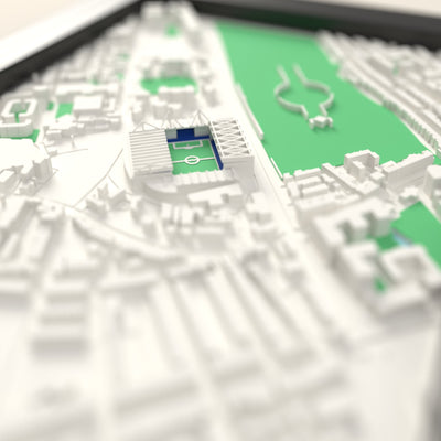 3D Stamford Bridge Map Framed - Close-up across the 3D map: the real Stamford Bridge stands with royal blue seats around the green pitch