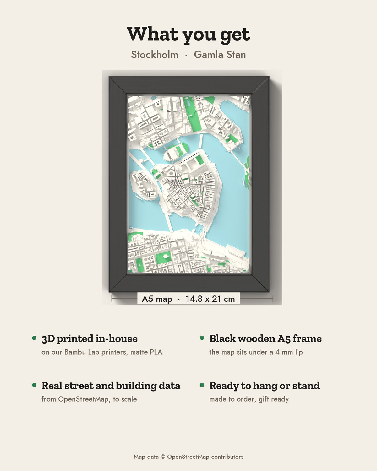 3D Stockholm Map Framed - What you get: A5 3D city map, 14.8 x 21 cm, in a black wooden frame