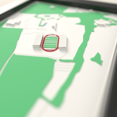 3D StoneX Stadium Map Framed - Close-up across the 3D map: the real StoneX Stadium stands with red seats around the green pitch
