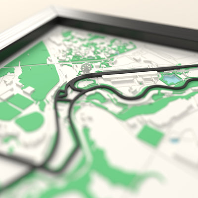 3D Suzuka Circuit Map Framed - Close-up across the 3D map: the Suzuka Circuit track standing up from the map