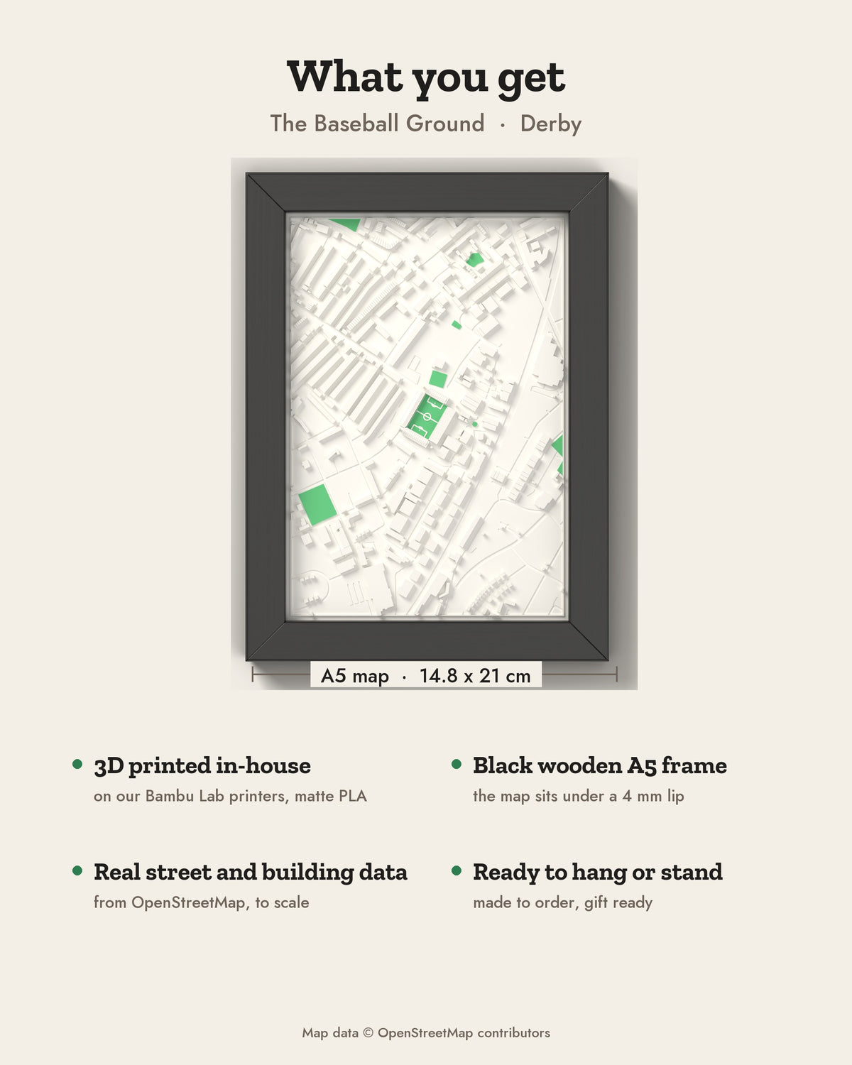 3D The Baseball Ground Map Framed - What you get: A5 3D stadium map, 14.8 x 21 cm, in a black wooden frame