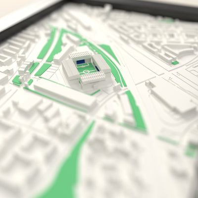 3D The Den Map Framed - Close-up across the 3D map: the real The Den stands with royal blue seats around the green pitch