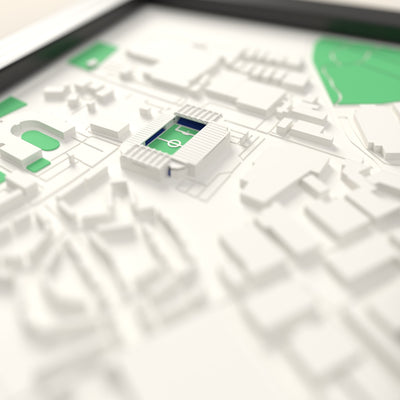 3D The Hawthorns Map Framed - Close-up across the 3D map: the real The Hawthorns stands with royal blue seats around the green pitch