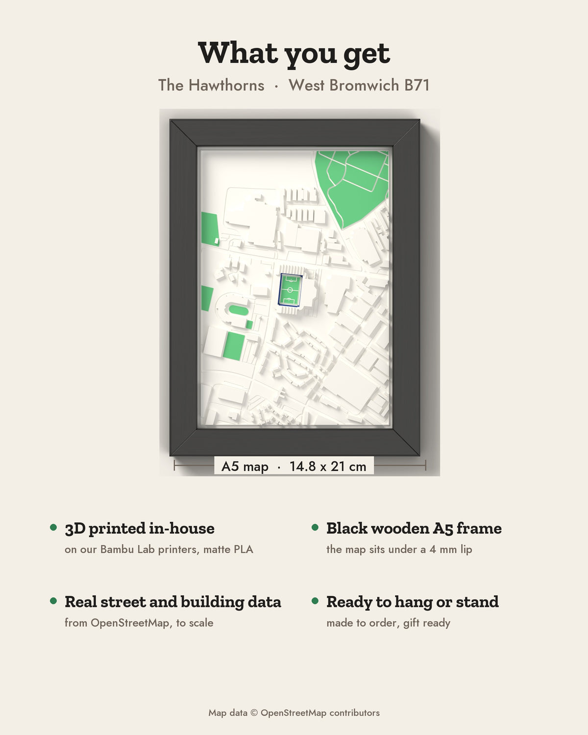 3D The Hawthorns Map Framed - What you get: A5 3D stadium map, 14.8 x 21 cm, in a black wooden frame