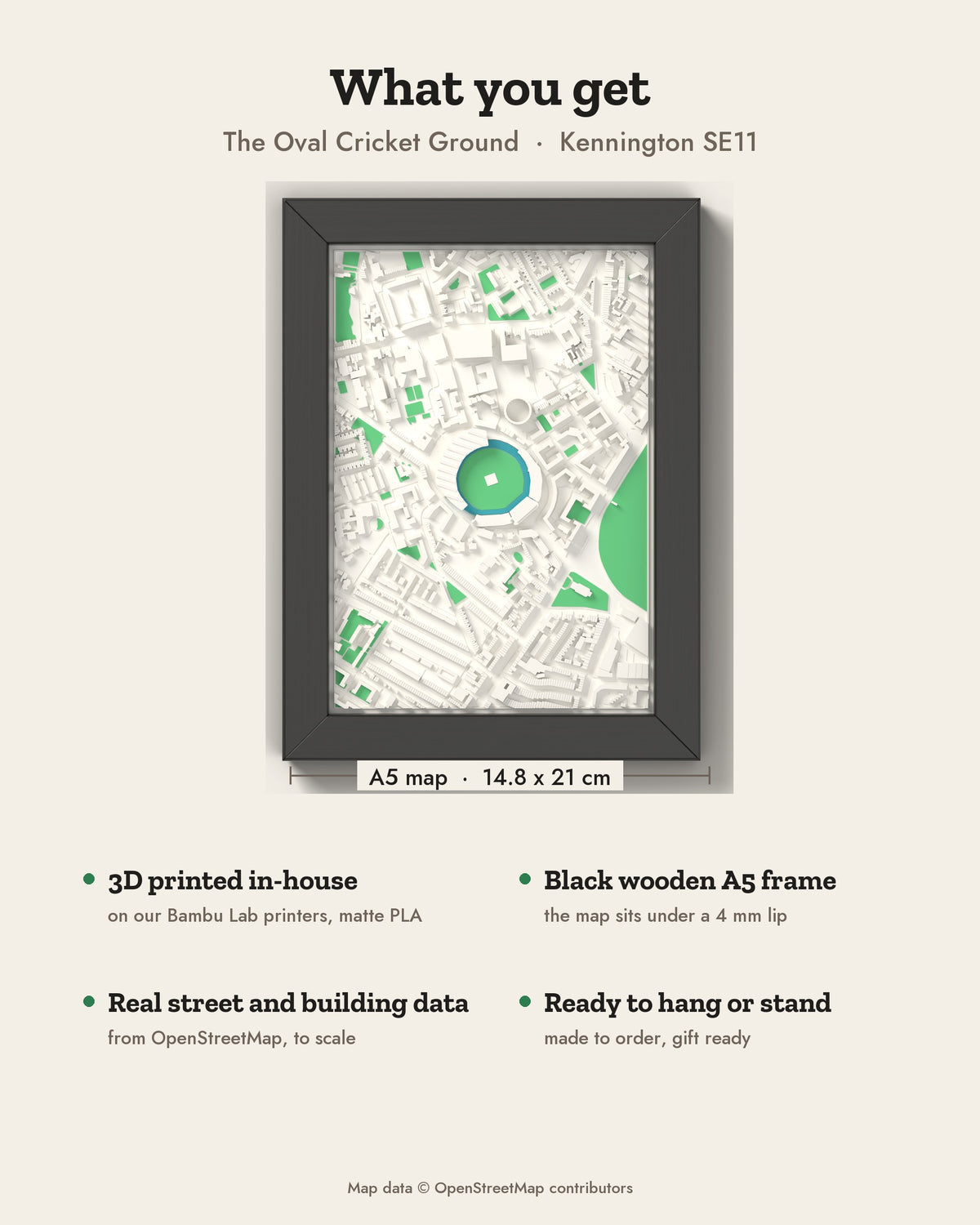 3D The Oval Cricket Ground Map Framed - What you get: A5 3D map, 14.8 x 21 cm, in a black wooden frame