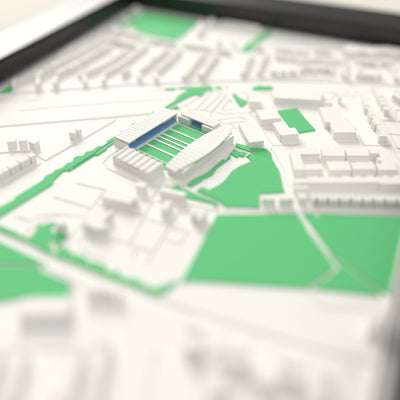 3D The Stoop Map Framed - Close-up across the 3D map: the real The Stoop stands with light blue seats around the green pitch