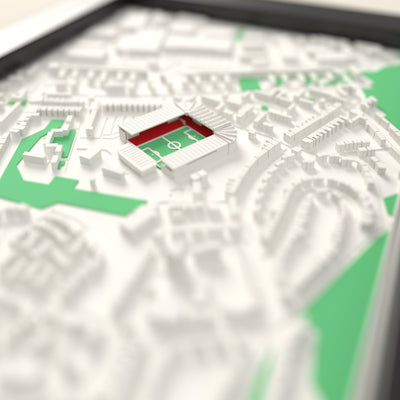 3D The Valley Map Framed - Close-up across the 3D map: the real The Valley stands with red seats around the green pitch