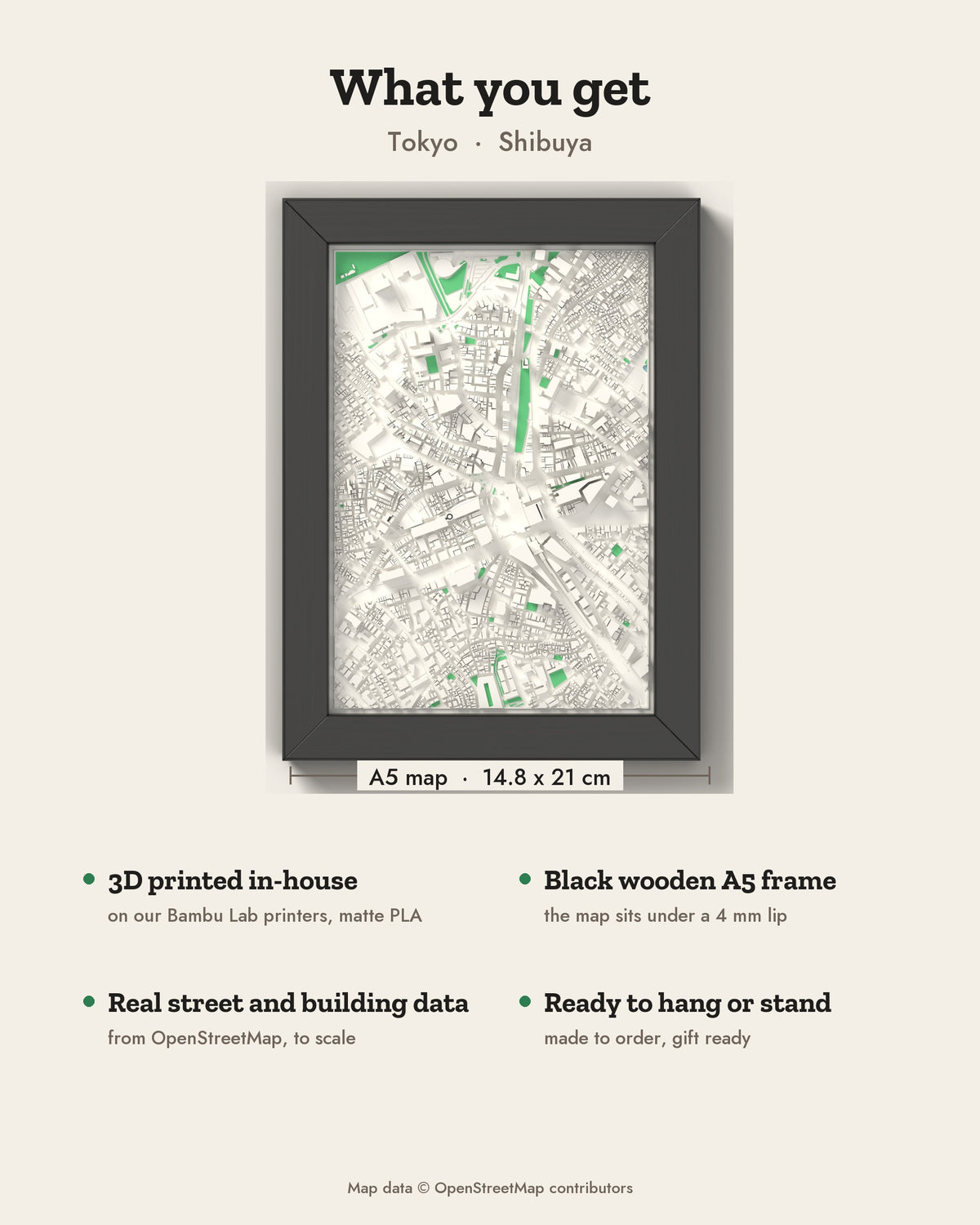 3D Tokyo Map Framed - What you get: A5 3D city map, 14.8 x 21 cm, in a black wooden frame