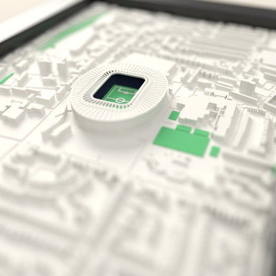 3D Tottenham Hotspur Stadium Map Framed - Close-up across the 3D map: the real Tottenham Hotspur Stadium stands with navy seats around the green pitch