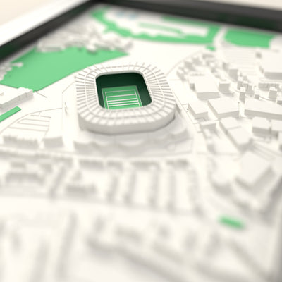 3D Twickenham Stadium Map Framed - Close-up across the 3D map: the real Twickenham Stadium stands with green seats around the green pitch