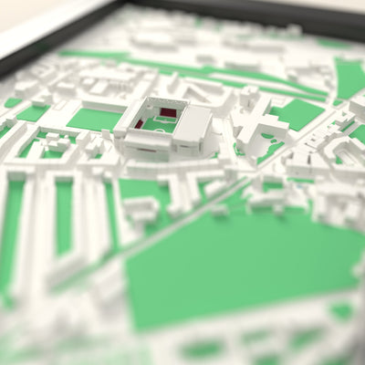 3D Tynecastle Park Map Framed - Close-up across the 3D map showing the Tynecastle Park stands and green pitch standing up from the streets