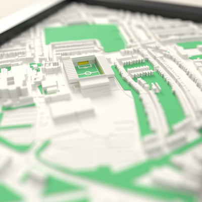 3D Vicarage Road Map Framed - Close-up across the 3D map showing the Vicarage Road stands and green pitch standing up from the streets