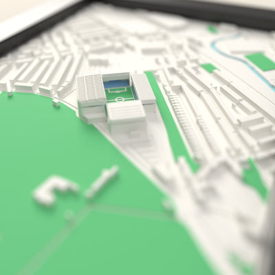 3D Villa Park Map Framed - Close-up across the 3D map: the real Villa Park stands with silver seats around the green pitch