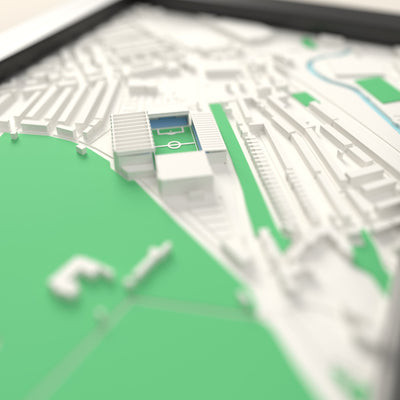 3D Villa Park Map Framed - Close-up across the 3D map: the real Villa Park stands with silver seats around the green pitch