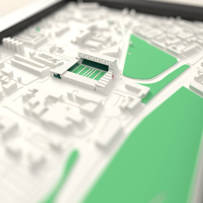 3D Welford Road Map Framed - Close-up across the 3D map: the real Welford Road stands with green seats around the green pitch