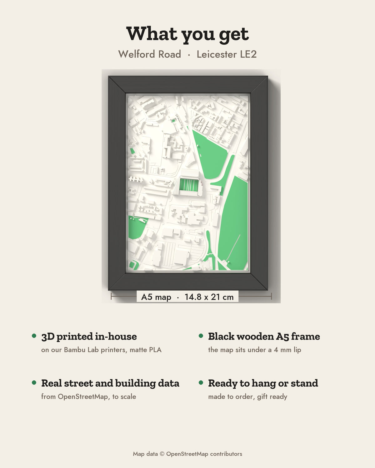 3D Welford Road Map Framed - What you get: A5 3D stadium map, 14.8 x 21 cm, in a black wooden frame