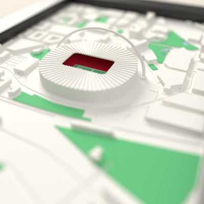 3D Wembley Stadium Map Framed - Close-up across the 3D map: the real Wembley Stadium stands with red seats around the green pitch