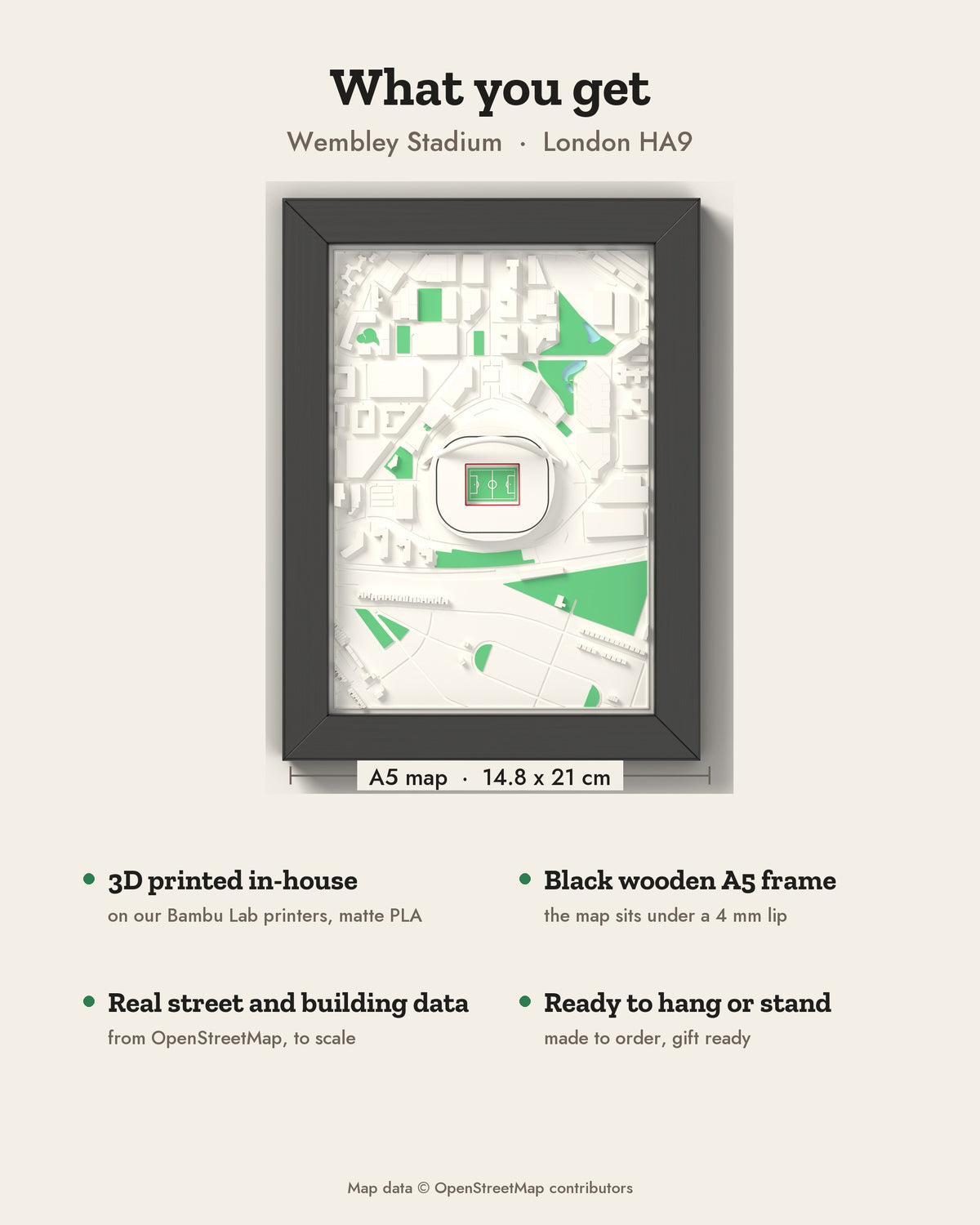 3D Wembley Stadium Map Framed - What you get: A5 3D stadium map, 14.8 x 21 cm, in a black wooden frame