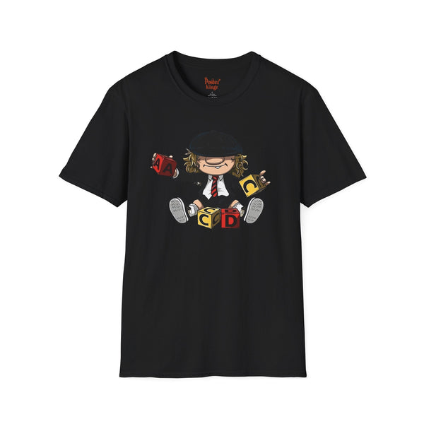 Light blue AC/DC baby blocks parody t-shirt with Angus Young cartoon design
