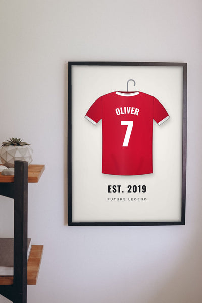 Lifestyle - Personalised Kids Football Shirt Print hanging on a living room wall