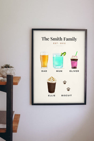 Lifestyle - Personalised Family Drinks Print hanging on a living room wall