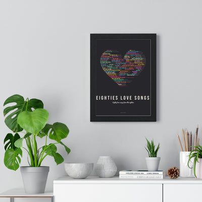80s Love Songs Poster framed on a living room wall