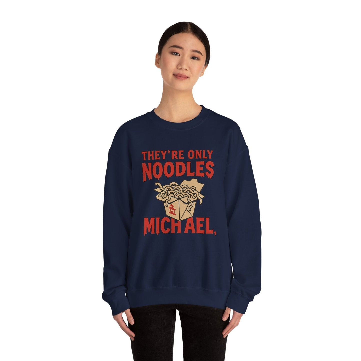 Black t-shirt with They're Only Noodles Michael Sweatshirt Horror Movie Parody