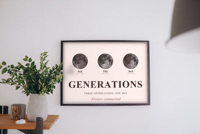 Lifestyle - Personalised Three Generations Moon Phase Print hanging on a living room wall