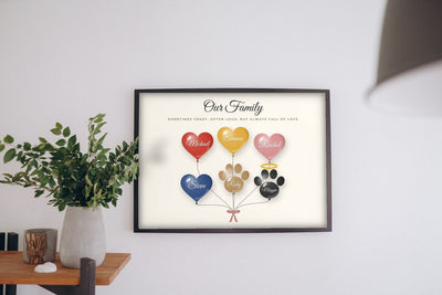 Lifestyle - Personalised Family Balloon Print hanging on a living room wall