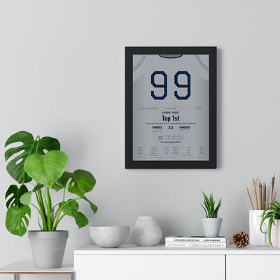 Aaron Judge 2022 62nd Home Run Poster - New York Yankees 99 Jersey Print framed on a living room wall