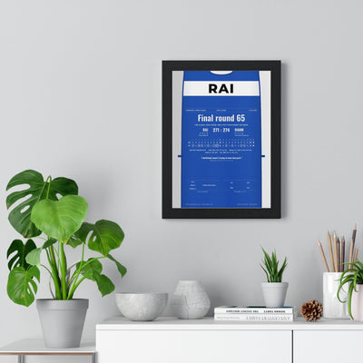 Aaron Rai Aronimink 2026 Golf Poster - Caddie Bib Final Round 65 Print framed on a living room wall