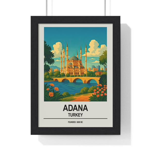 Adana Turkey travel poster framed showing Sabancı Mosque and Roman Stone Bridge wall art