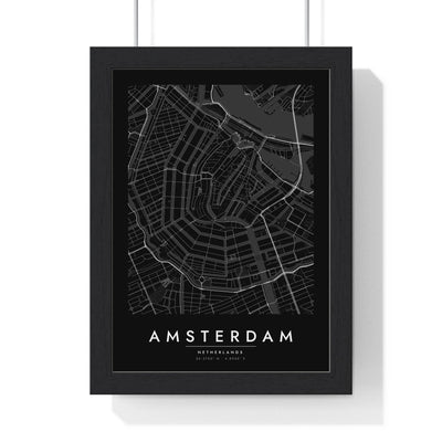 Amsterdam street map poster in black, minimal city map print framed in a black frame